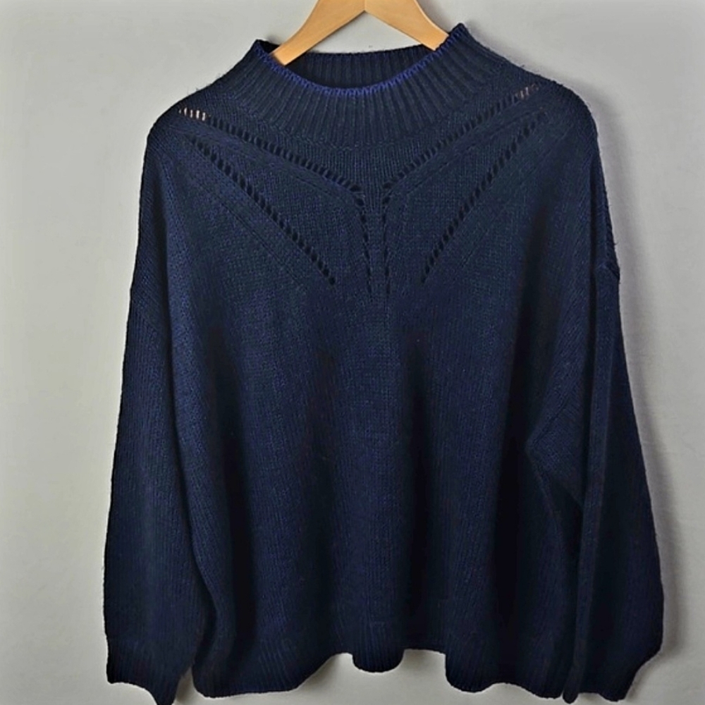 Banana Republic Sweater Womens Magenta Navy Cut Out Mock Neck Cozy Pullover Sz L